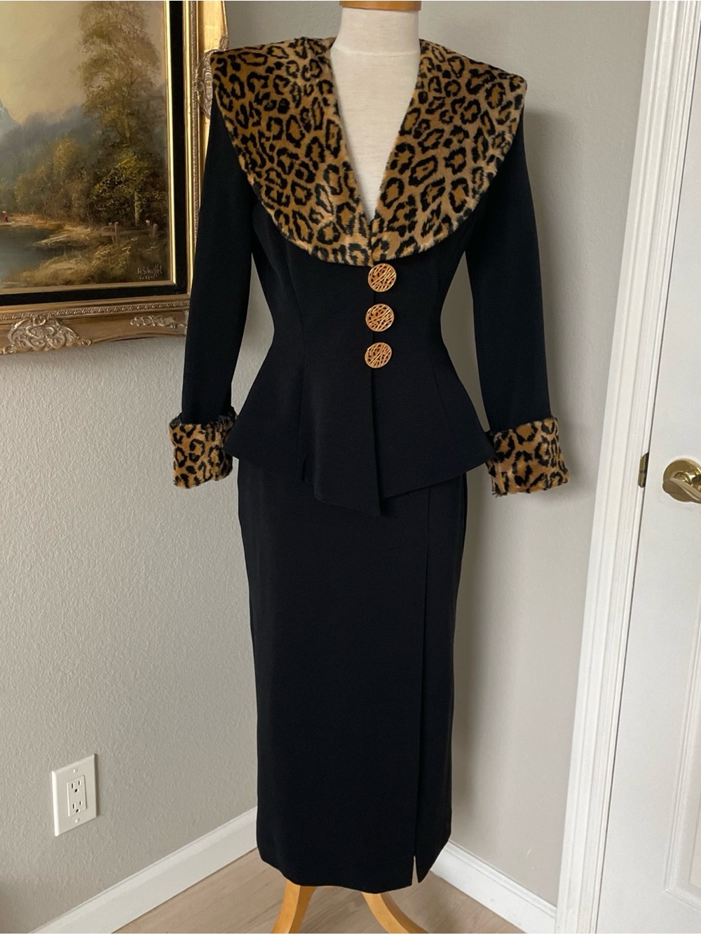 Lillie Rubin Black Midi Skirt Suit Sz S Leopard Trim Faux Fur Nanny Style 80s